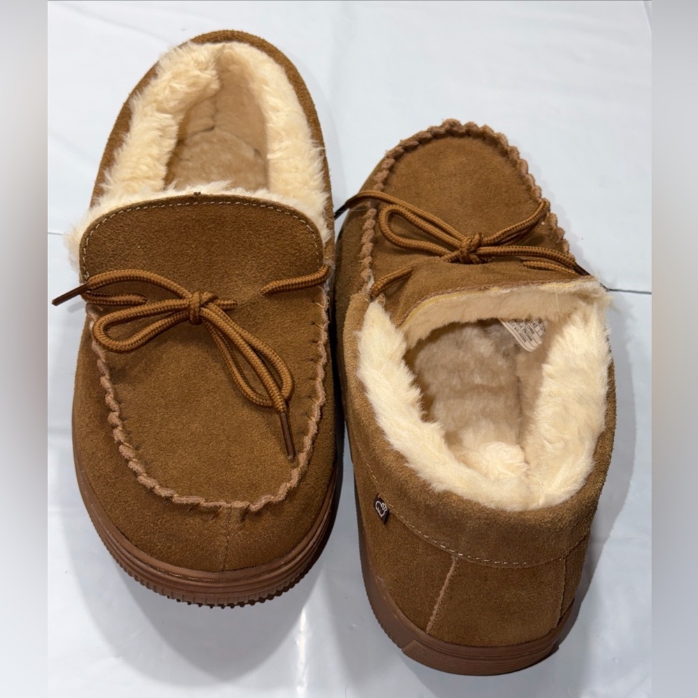 LAMO Brown Suede Moccasin Faux Fur Lined Leather Slippers NEW Shoes Men's SZ 10